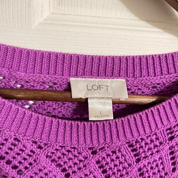 Ann Taylor LOFT Womens Purple 3/4 Sleeve Perforated Open Knit Sweater Large - Picture 2 of 5